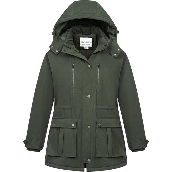 Tops - Women's Army Green Waterproof Fleece Lined Detachable Hood Jacket Coat Warm